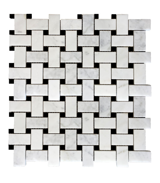 Basketweave Carrara with Nero Marquina Dot Honed Mosaic