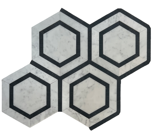 Hexagon Carrara + Nero Border Honed