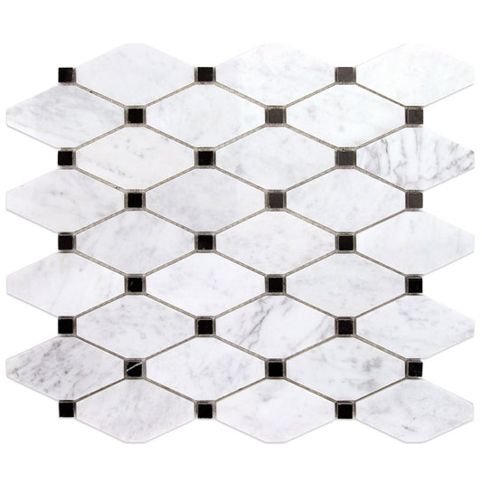 Carrara Long Hexagon with Nero Marquina Dot Honed Mosaic